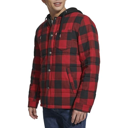 Image of Levi's mens Plaid Sherpa Lined Hooded Shirt Jacket (Regular & Big & Tall Sizes)