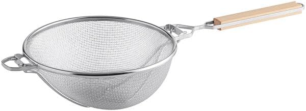 Colador de malla doble de 10.25 pulgadas, acero inoxidable redondo, estilo fino, mango de madera, plateado, reforzado de alta resistencia