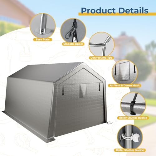 LINKHOO 10x15 FT Portable Garage Carport, Heavy-Duty Storage Shed with 220G Waterproof PE Tarp, Roll-Up Zipper Door & Vent, for Motorcycle, Bike, ATV, Tools, Outdoor Equipment, Gray - Thumbnail 7