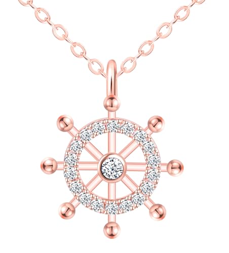 feilok Collar colgante de Zirconia con timón collar femenino 925 plata esterlina y oro rosa