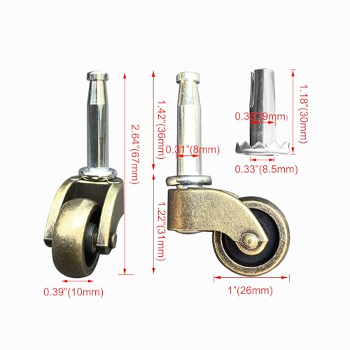 LUXUFUL 1" Swivel Stem Ball Caster Wheel, Zinc Alloy Castor for Furniture Socket Type Mounting Stem, Antique Brass, 353lbs, Pack of 4 - Image 2