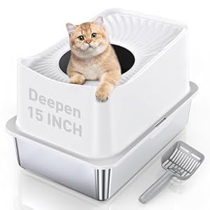 Stainless Steel Cat Litter Box, Large Top Entry Litter Box for Big Cats, Enclosed Kitty Litter Box with Lid, Metal Cat Litter Box Never Absorbs Odors, Easily Cleaning, Include Scoop