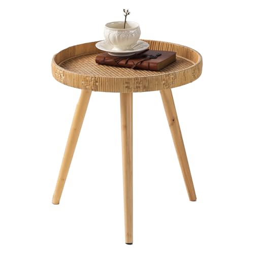 HuiDao Round Side Table Boho Circle End Table Coffee Table with Solid Wood Leg Rattan Side Tables Living Room for Small Spaces Bedroom Corners