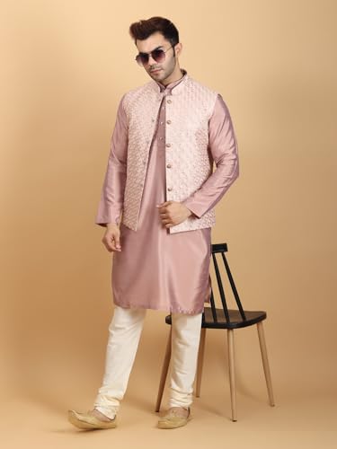 Image of Ethluxis Men Silk Blend Kurta Jacket Set with Mandarin Collar