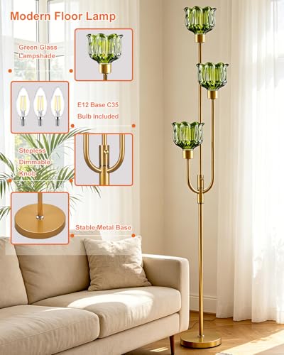 Image of Lightdot 3-Lights Modern Glass Floor Lamp 66IN Gold Dimmable Floor Lamps with 3000K Warm White Bulbs for Wedding Party Tall Standing Lamp with Green Glass Shade for Living Room /Bedroom /Home Decor