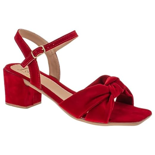 Sandália Feminina Salto Baixo Grosso com Tira em Nó Conforto Nobuck 102 (40, Vermelho)