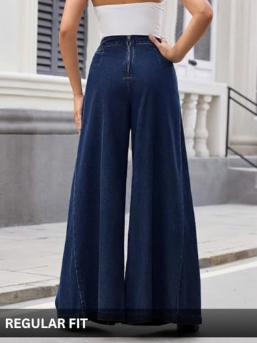 Image of GRECIILOOKS Palazzo Jeans for Women | High Waist - Flared Palazzo Pants for Women Wide Leg Denim Casual Trousers | Woman Wide Leg Baggy Jeans Loose Fit Denim Pants with Pockets