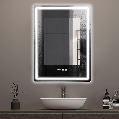 Donened - Specchio da bagno a LED con illuminazione, 60 x 80 cm, specchio da parete, senza appannamento, tre colori di luce, a risparmio energetico, installazione verticale, argento