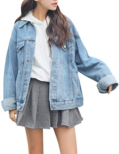 KAMA BRIDAL Women's Boyfriend Denim Jackets Long Sleeve Oversized Loose Jean Coat Light Blue L