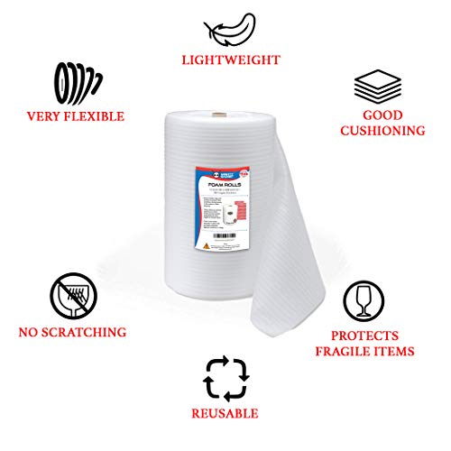 Mighty Gadget (R) Foam Wrap Rolls 12\" Wide x 50 Feet x 2 Rolls (Total 100 Feet) for Cushioning Moving Packing (Perforated Every 12\") and 20 Fragile Stickers Labels Included - Thumbnail 3