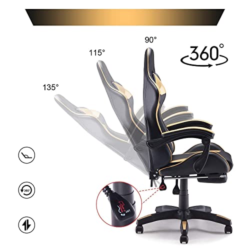 Image of Tegan Gaming Chair Office Adjustable Seat Height High Back PU Leather Ergonomic Chair E-Sports with Lumbar Support Retractable Foot Rest (Black and Golden) Gaming Chair with Lumber Massager