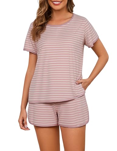 Image of Cotton Pajama Sets for Women 2 Piece Lounge Set Stripe Pj Set Loungewear Short Sleeve Top and Shorts with Pockets