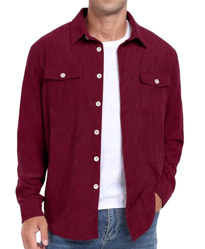 Image of Askdeer Men's Corduroy Button Down Shirts Long Sleeve Casual Shacket Jacket Western Corduroy Shirt Jacket with Flap Pockets