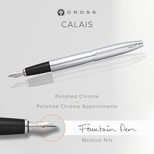 Image of Cross Calais Polished Chrome Refillable Fountain Pen - Medium Point, Black Ink, Smooth Writing, Presented in a Luxury Gift Box