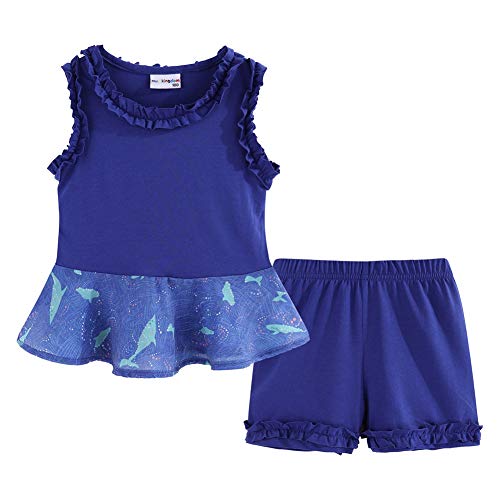 Mud Kingdom Toddler Girls Summer Outfit 2 Piece Ruffle Hem Tank Tops And Shorts Set Cartoon Ocean Navy Blue 2T #TOP26