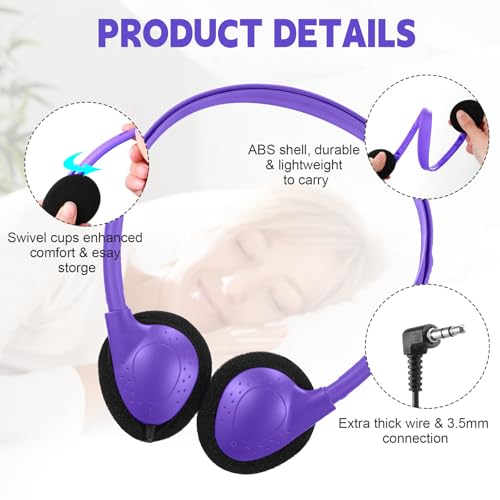 Image of Konohan 30 Pack Headphones Bulk Headphone for School Classroom Student Wired Headphones Adjustable with 3.5 mm Jack for Adults (Purple)