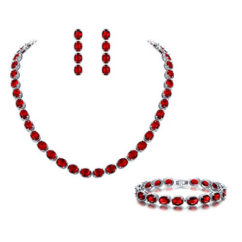 EVER FAITH Damen Schmuckset Braut Rot Oval Zirkonia Geburtsstein Hochzeit Party Geschenk Halskette Ohrringe Armband Set Cover