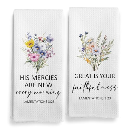Qeheb Christian Religious Gifts for Women, Christian Floral Kitchen Towels, Religious Scripture Bible Verse Kitchen Tea Towels Decorative Set, Lamentations 3 23 Scripture Hand Dish Towels 16x24in