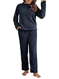Pijama de forro polar cálido para mujer, cuello redondo, sudadera, parte superior de un solo color, pantalón de peluche, pantalón de ocio, juego de pijamas largos, pijama para casa, azul oscuro, XL