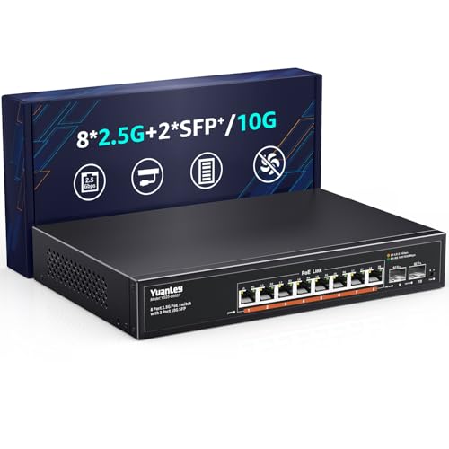 Image of YuanLey 10 Port 2.5G PoE Switch Unmanaged, 8 x 2.5G Base-T PoE Ports, 2 x 10G SFP, IEEE802.3af /at, 120W, Compatible with 100 /1000 /2500Mbps, Metal Fanless, VLAN, Rack Mount 2.5Gbe Network Switch