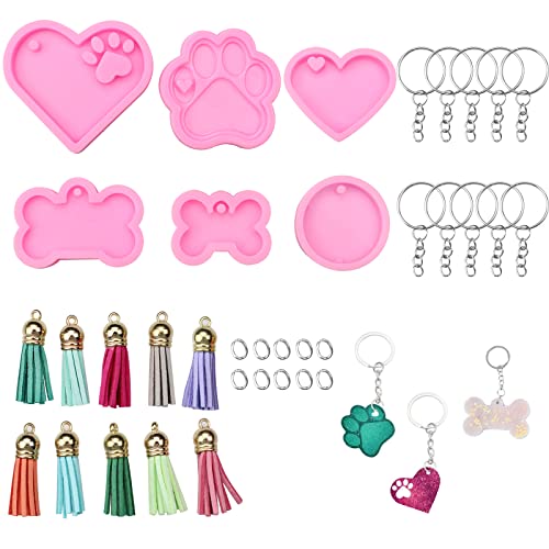 oupados 6 Pieces Pet Paw Shape Handmade Keychain Silicone Mold and 10pcs Keyrings, Pet Tag Resin Moulds for DIY Crafts, DIY Keychains, Include Dog Bone Shaped, Pet Paw, Heart and Circle