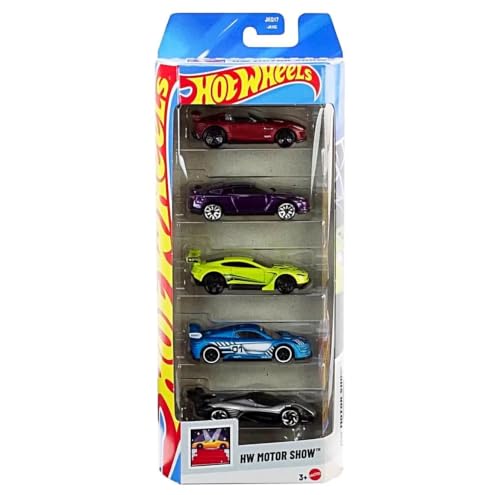 Image of Hot Wheels Car 2026 Motor Show Pack of 5 (15 Jaguar F-Type Project 7, 2009 Nissan GT-R, Aston Martin Vantage GT3, Celero GT, Renault Sport R.S. 01) Multi - Color