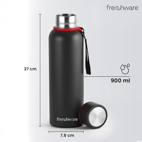 Image of Frenchware Stainless Steel Vacuum Insulated Delta Water Bottle, 900 ml | Thermos Flask, 24Hrs Hot & Cold, Leakproof, Aluminum Coating, Black
