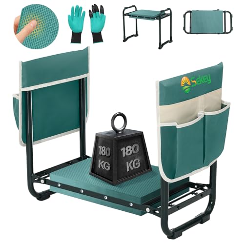 Sekey Höhenverstellbare Kniebank für Gartenarbeit Belastbarkeit 180KG, Gartenhocker Klappbar mit Werkzeugtaschen, Knie Komfort Garten, Grün