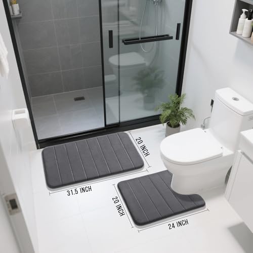 Image of Yimobra Memory Foam Bath Mat Set 2 Piece - Super Soft Absorbent Quick Dry Bathroom Toilet Rugs, Machine Washable Non Slip Floor Carpet for Tub Shower & Single Sink (31.5x20 & 24x20, Dark Gray)