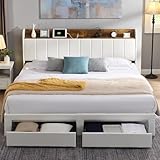 XKLOGER Queen Bed Frame with Headboard & Charging Station, Upholstered Platform Bed Frame with 2 Storage Drawers, Sturdy Wooden Slats Support/No Box Spring Needed/Noise Free/Easy Assembly/White