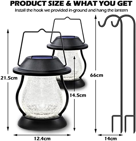 LeiDrail Solar Lanterns Solar Garden Lanterns with Shepherd Hooks, Warm White LED Garden Ornaments Outdoor Cracked Glass Lights Metal Waterproof for Garden Table Courtyard - 2 Pack