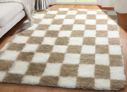 Fluffy Rug Shaggy Area Rug, Beige White 4x6 Area Rugs