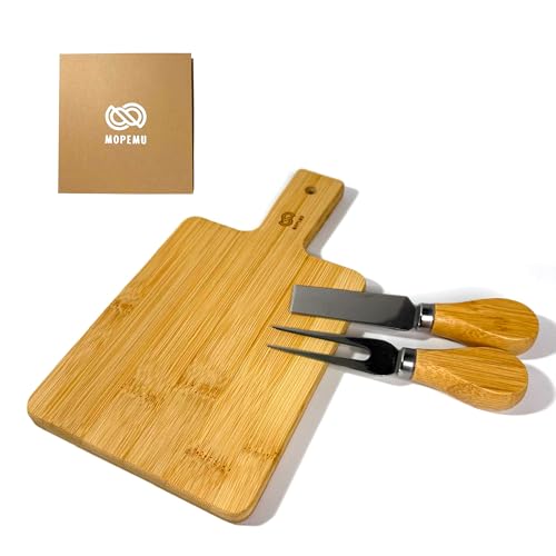 MOPEMU Tabla de cortar pequeña y compacta para aperitivos con cuchillo y trinche de acero innoxidable ;Ideal para 1-2 personas para picoteos, quesos y fruta ;Bambú natural 22,4×12×1 cm