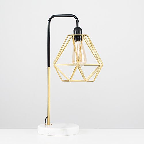 MiniSun Retro Style Black/Gold Effect Metal & White Marble Table Lamp with a Gold Metal Basket Cage Shade - Complete with a 4w LED Filament Amber Tinted Bulb [2700K Warm White]