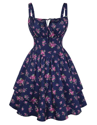 Image of Scarlet Darkness Floral Mini Corset Dress Women Teens Sundress with Pockets | Floral mini dress with adjustable straps, square neck, smocked back, left hidden zip, side pockets, flowy dual-layer hem