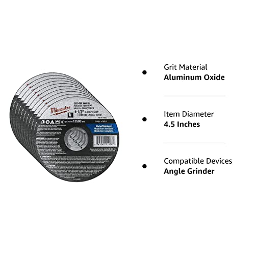 Milwaukee 10 Pack - 4 1 2 Cutting Wheels For Grinders - Aggressive Cutting For Metal & Stainless Steel - 4-1/2" X .045 X 7/8-Inch | Flat Cut Off Wheels #TOP7