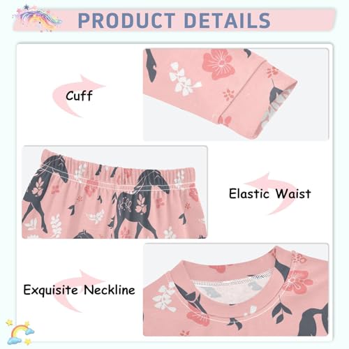 Fustylead Cute Horse Silhouette and Floral Decor Elements 2-Piece Cotton Pajama Set, Long Sleeve Top and Matching Bottom4