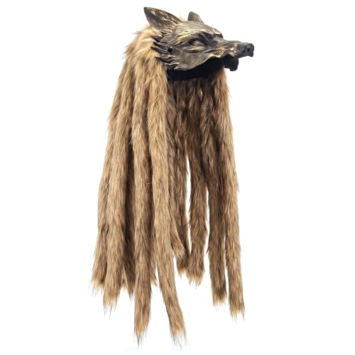 Yeaxxsqy Masque de Loup Viking avec Longues Tresses, Masque de Loup réaliste pour Adultes, Marron, Coiffure d'halloween
