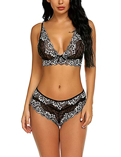 Avidlove Women's Lace Lingerie Bra and Panty Set Strappy Babydoll Bodysuit Black L