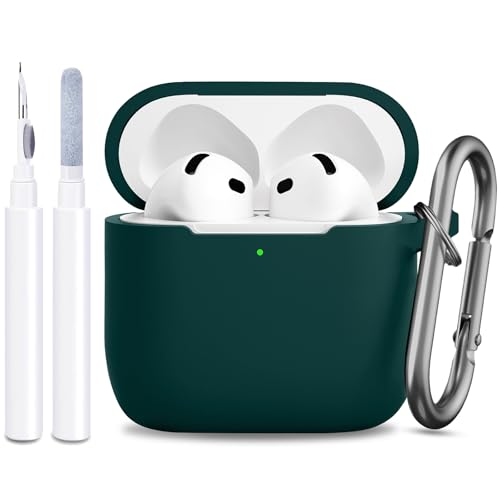 JTOMEI Compatible with AirPods 4th Generation Case Cover, Soft Protective Silicone Skin with Clean Kit Accessories for Apple AirPods 4 Gen 2024, Front Led Visible, Dark Green