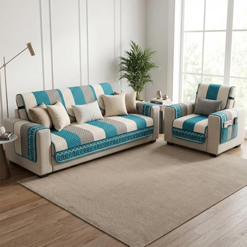 Image of Velvet L Shape 2+2 (4 Seater) Sofa Cover Fully Covered | Anti Skid Non Slip | Printed Aqua Blue | Washable Furniture Protector