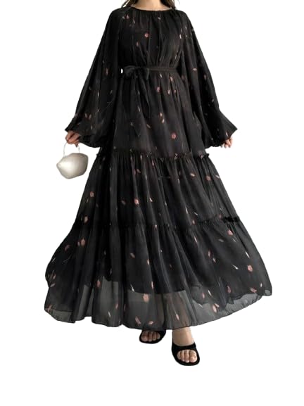 Abaya Black Georgette Fabric with Crepe lining for No transparancy Gathering Pattern Floral Print Bishop Sleeves with Elastic Cuffs Balloon Sleeve Pattern Without Dupatta-image-29