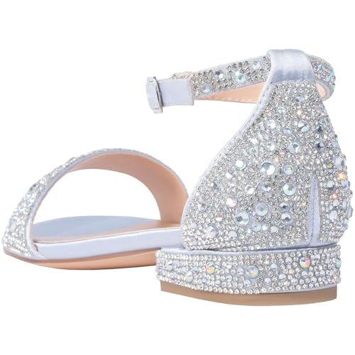 SheSole Women's Rhinestone Low Block Heel Sandals Sparkly Ankle Strap Sandal Bridal Wedding Dress Shoes Silver Gold White3