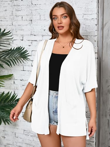 Image of AusLook Plus Size Cardigan for Women Short Sleeve Lightweight Open Front Shrug with Pockets for Dresses and Layering 1X-5X