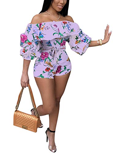 Women Sexy One Piece Romper Outfits Pull Sleeve Floral Print Off Shoulder Short Jumpsuit Pants Set Purple S