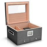 MHRDZWDJ Cedar Wood Cigar Humidor Carbon Fiber 45 Cigars Large Capacity Storage Double Layer Windproof Cigarette Box with Thermometer Humidifier and See-Through Skylight, Father's Day Gift