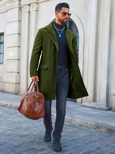Image of Runcati Mens Trench Coat Double Breasted Notched Collar Fleece Jacket Slim Fit Fall Winter Fuzzy Pea Coats Warm Overcoat