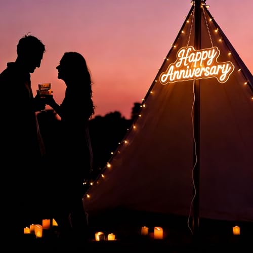 Image of Happy Anniversary Neon Sign - 15.75 inch Dimmable LED Wall Decor Light, USB Romantic Gift for Couples,Business Celebrate Banner,Party Wedding Anniversary Decorations