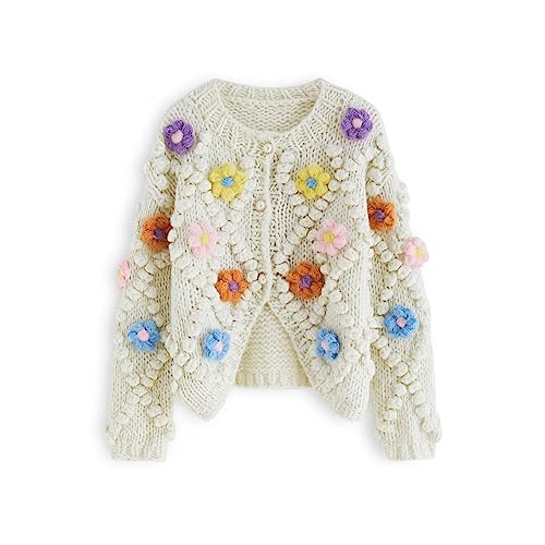 Image of CHICWISH Women's Cream Button Up Floral Pom-Pom Knit Cardigan