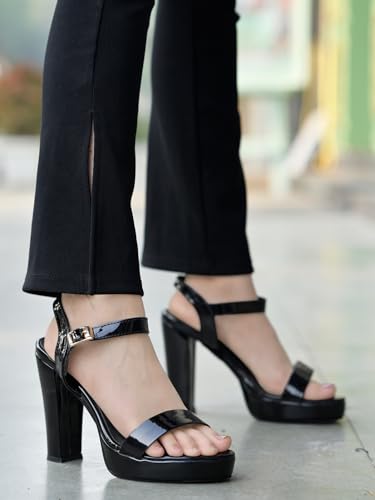 Image of Shoetopia Women's High Heel Sandals, Patent Block Heel Ankle Strap Buckle Sandals, Stylish Party & Evening Footwear